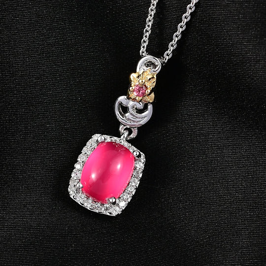 D'Joy Maulbeer Mondstein, Orissa Rose Granat Anhänger mit Kette, ca. 50 cm 925 Silber Rhodiniert und 750 Gelbgold Vermeil ca. 1.93 ct