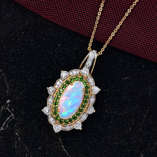 D'Joy AA Natürlicher, äthiopischer Welo Opal, Moissanit Schmuckset ca. 50 cm 925 Silber 750 Gelbgold Vermeil ca. 4.55 ct