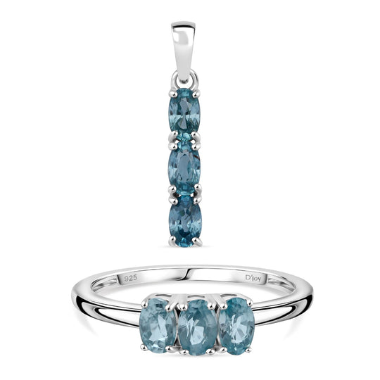 2er Set - D'joy Blauer Zirkon Ring und Anhänger, 925 Silber vergoldet (Größe 21.00) ca. 2.22 ct