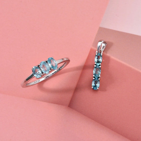 2er Set - D'joy Blauer Zirkon Ring und Anhänger, 925 Silber vergoldet (Größe 21.00) ca. 2.22 ct