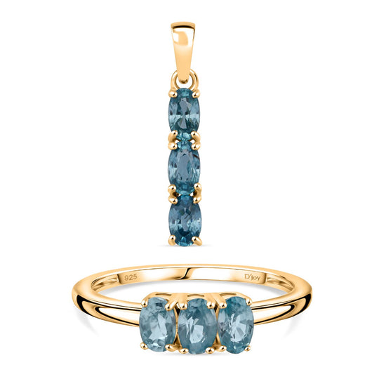 2er Set - D'joy Blauer Zirkon Ring und Anhänger, 925 Silber vergoldet (Größe 21.00) ca. 2.22 ct