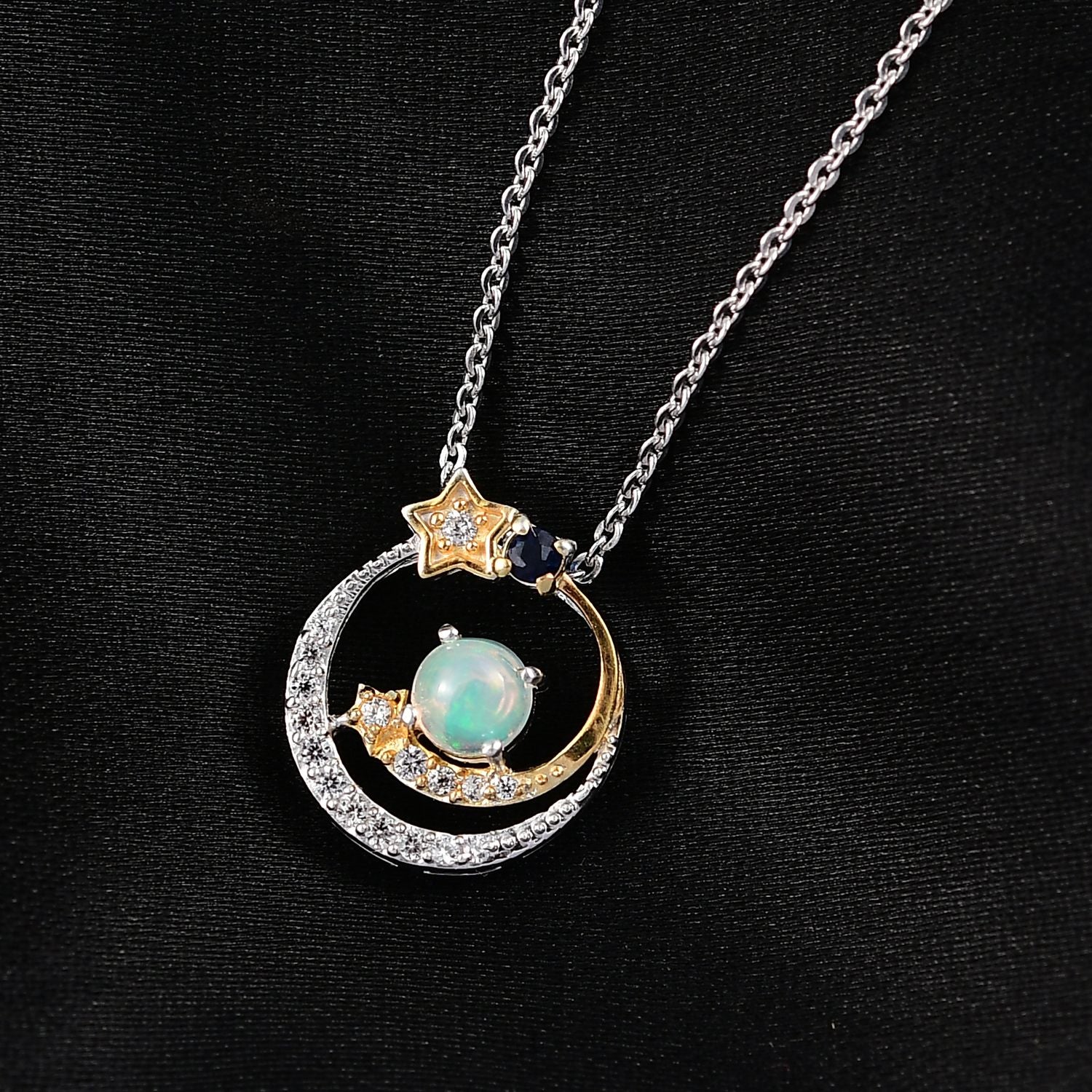 D'Joy AA Natürlicher, äthiopischer Welo Opal, Blauer Saphir Schmuckset ca. 50 cm 925 Silber platiniert, 925 Silber platiniert und vergoldet ca. 0.37 ct