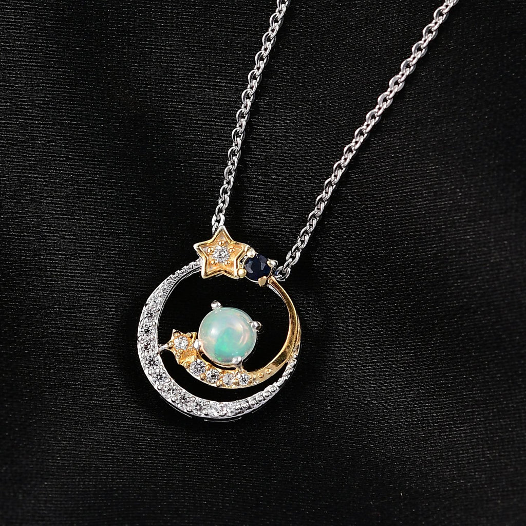 D'Joy AA Natürlicher, äthiopischer Welo Opal, Blauer Saphir Schmuckset ca. 50 cm 925 Silber platiniert, 925 Silber platiniert und vergoldet ca. 0.37 ct