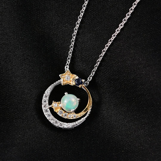 D'Joy AA Natürlicher, äthiopischer Welo Opal, Blauer Saphir Schmuckset ca. 50 cm 925 Silber platiniert, 925 Silber platiniert und vergoldet ca. 0.37 ct