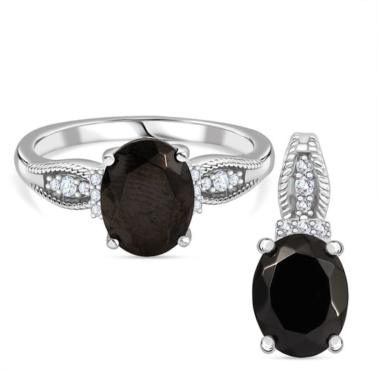 2er Set - D'Joy Elite Shungit (Oval) Ring und Anhänger, 925 Silber platiniert (Größe 20.00) ca. 1.82 ct
