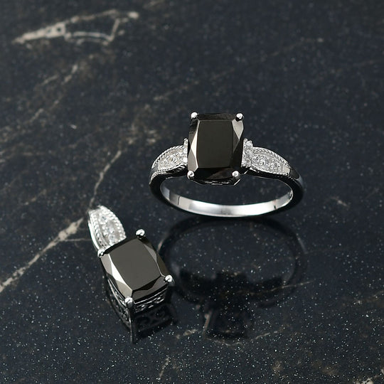 2er Set - D'Joy Elite Shungit Ring und Anhänger, 925 Silber platiniert (Größe 20.00) ca. 5,65 ct.