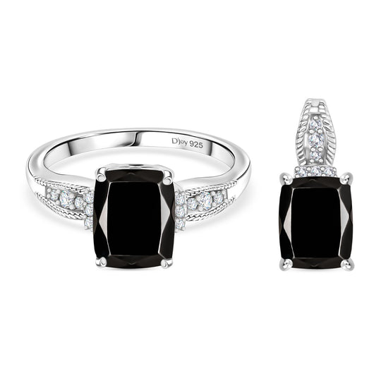 2er Set - D'Joy Elite Shungit Ring und Anhänger, 925 Silber platiniert (Größe 20.00) ca. 5,65 ct.