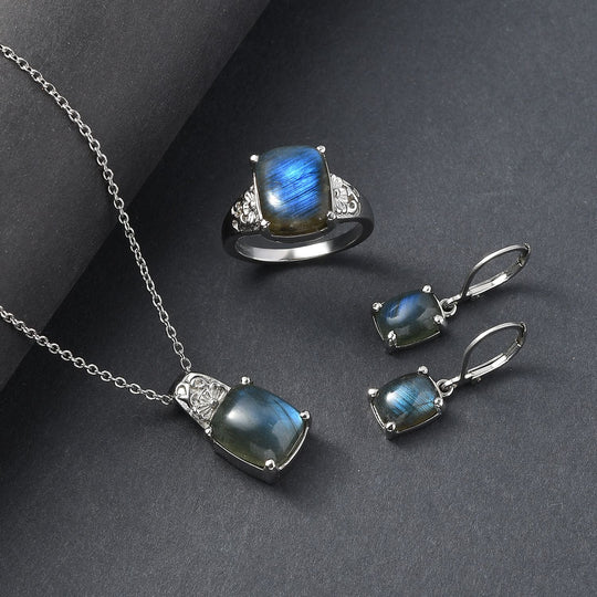 4er Set- AAA Labradorit Ohrringe, Anhänger mit Kette (ca. 50 cm) und Ring (Größe 18.00), Schmuckset, Reiner Edelstahl ca. 15.00 ct