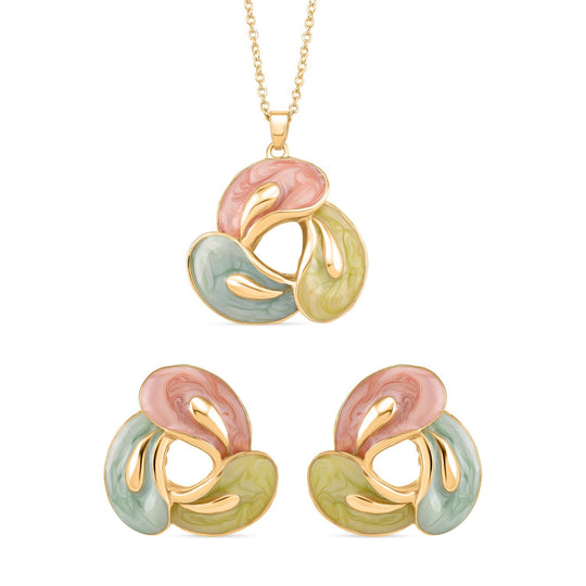 2er-Set Emaille-Anhänger mit Kette und Ohrsteckern, abstraktes Design, Grün