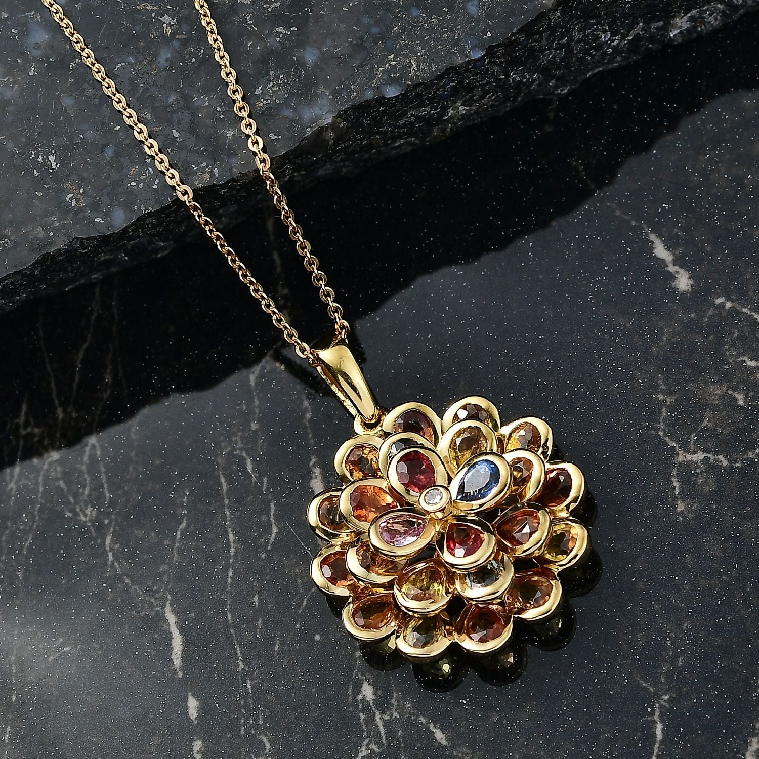 D'Joy AA Blauer Saphir, Mehrfarbig Saphir Schmuckset ca. 50 cm 925 Silber 750 Gelbgold Vermeil ca. 3.44 ct