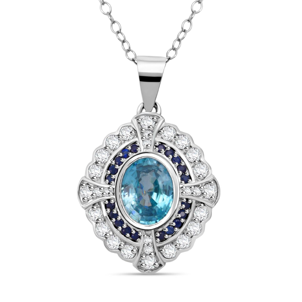 D'Joy Blauer Zirkon, Moissanit Anhänger mit Kette, ca. 50 cm 925 Silber rhodiniert ca. 3.67 ct