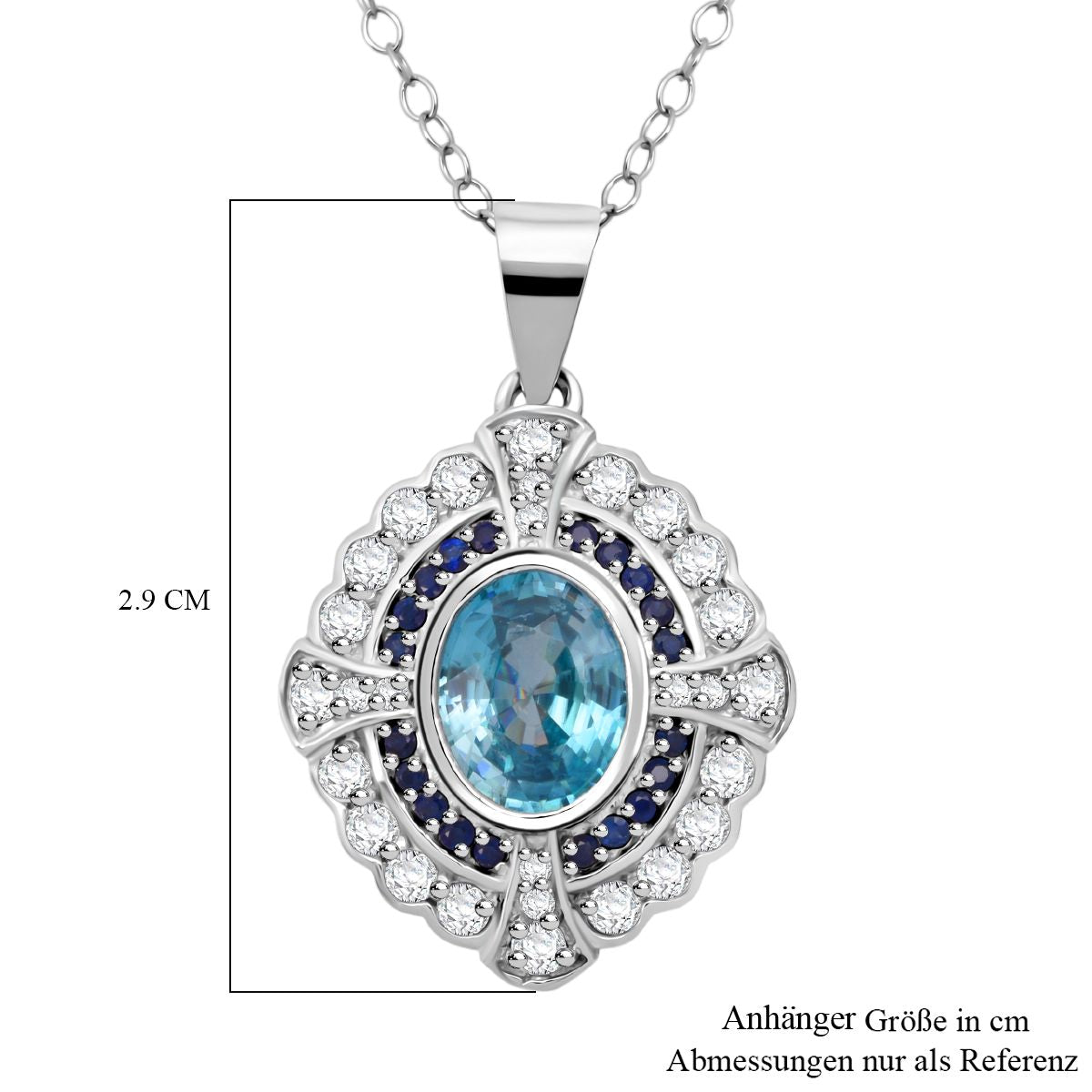 D'Joy Blauer Zirkon, Moissanit Anhänger mit Kette, ca. 50 cm 925 Silber rhodiniert ca. 3.67 ct