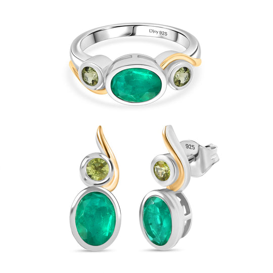 D'Joy Smaragd-Quarz Triplette Schmuckset 925 Silber platiniert und vergoldet (Größe 19) ca. 5.19 ct