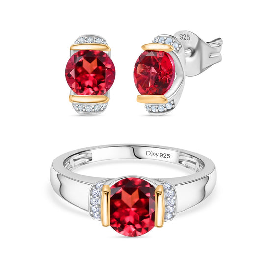 2er Set - D'joy Lab Grown Padparadscha-Saphir, Weißer Zirkon Ring und Ohrringe, 925 Silber Rhodiniert und 750 Gelbgold Vermeil (Größe 18.00) ca. 4.66 ct