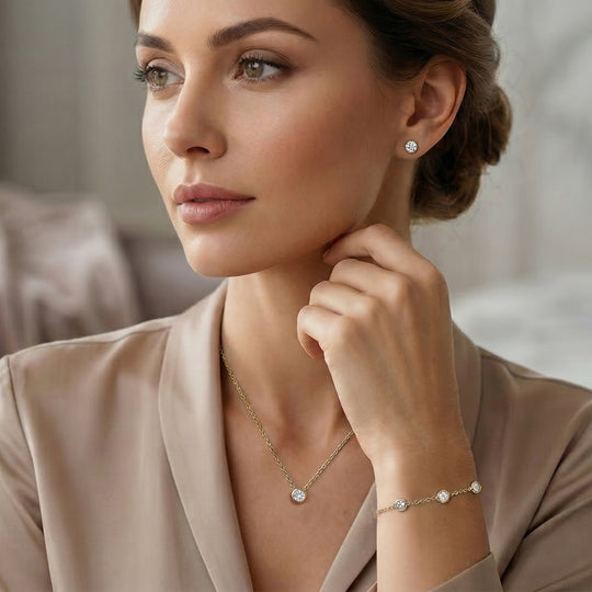 Luxuriant Diamond Trio: Labor Diamant Anhänger mit 50cm Kette Armband & Ohrringe 925 Silber Gelbgold Vermeil