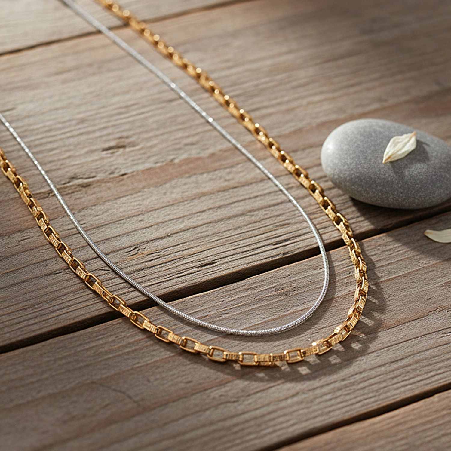 2er Set - D'Joy AA Goldene Gliederkette und Silberne Schlangenkette, ca. 45 cm