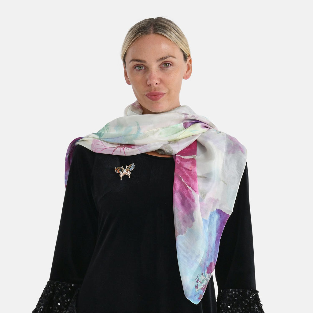 LA MAREY Signature - Seiden-Foulard aus 100% Maulbeerseide und Schmetterling-Seidenbrokat-Brosche, 110x110 cm, Mehrfarbig
