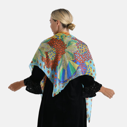 2er Set - La Marey - Seidenschal aus Maulbeerseide mit Blumenmuster und Brosche, 110x110 cm, Blau