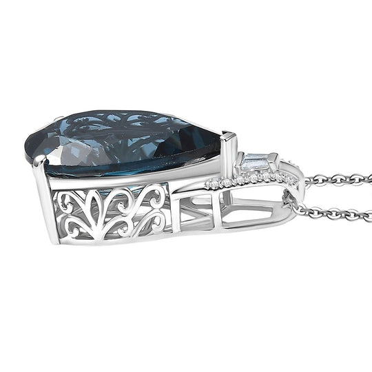 D'Joy London Blau Topas, Moissanit Anhäanger mit Kette. 50 cm 925 Silber rhodiniert ca. 13.20 ct