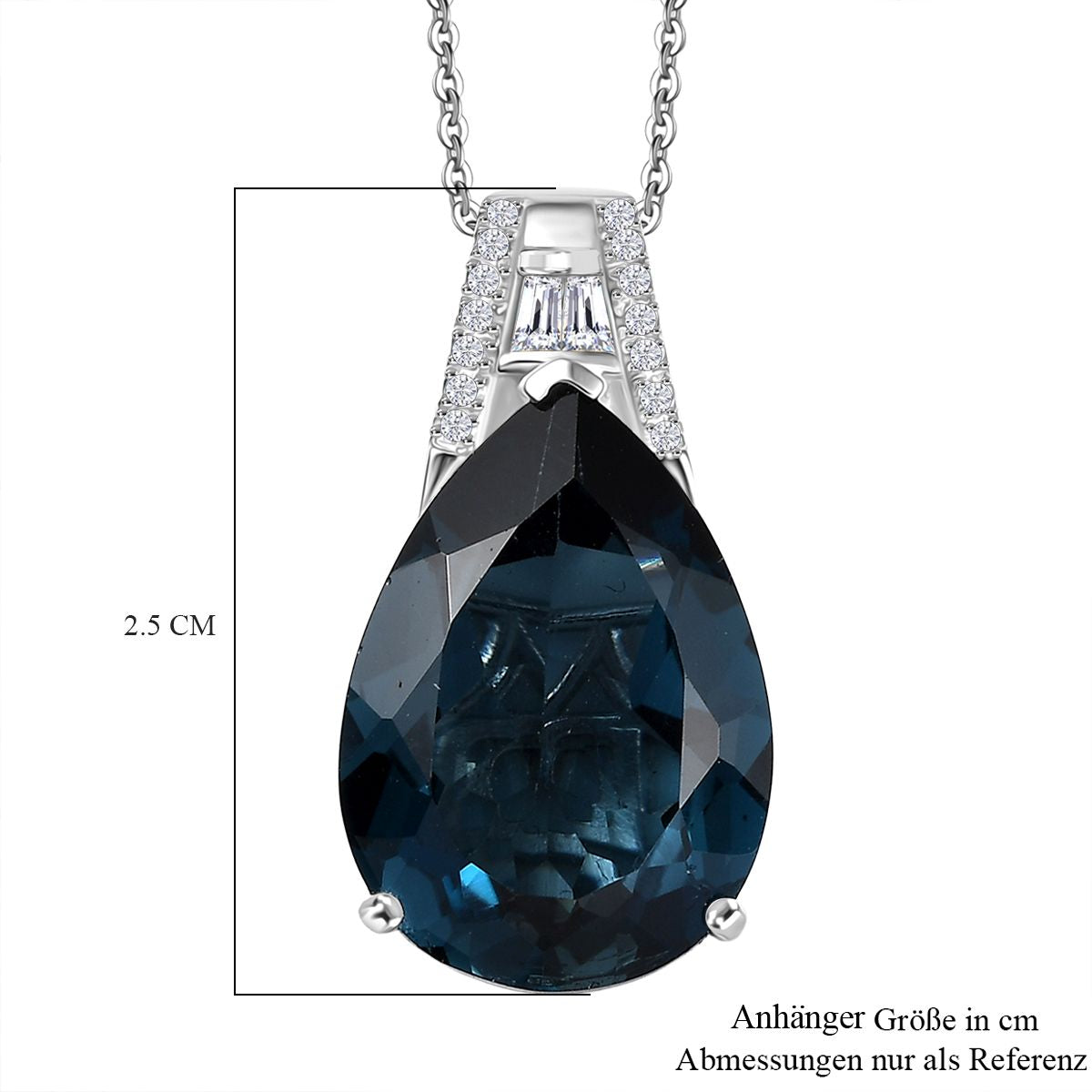 D'Joy London Blau Topas, Moissanit Anhäanger mit Kette. 50 cm 925 Silber rhodiniert ca. 13.20 ct