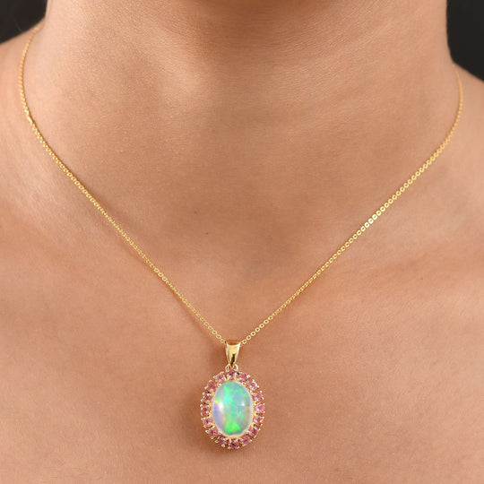 D'Joy AAA Natürlicher, äthiopischer Welo Opal, Rosa Turmalin Schmuckset ca. 50 cm 925 Silber 750 Gelbgold Vermeil ca. 5.09 ct
