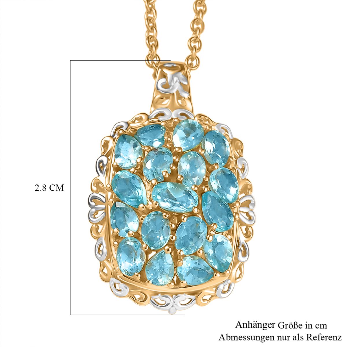 Batroke Blauer Apatit Anhänger mit Kette, ca. 50 cm Nickelfreies Messing platiniert und vergoldet und 316L Edelstahl platiniert ca. 3.31 ct