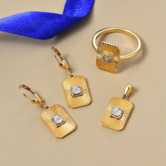 3er Set - D'Joy Weißer Diamant Ohrringe, Ring und Anhänger 925 Silber Gelbes Gold