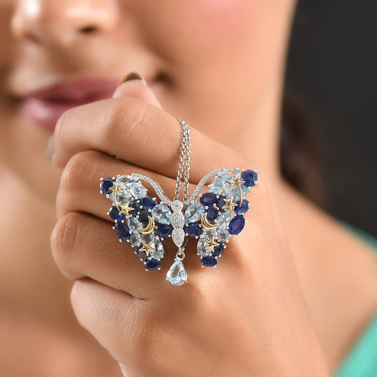 GP Trionfo Kollektion Himmelblauer Topas, Masoala Saphir (Fissure gefüllt) Anhänger mit kette ca. 50 cm, 925 Silber Rhodiniert und 750 Gelbgold Vermeil ca. 19.30 ct
