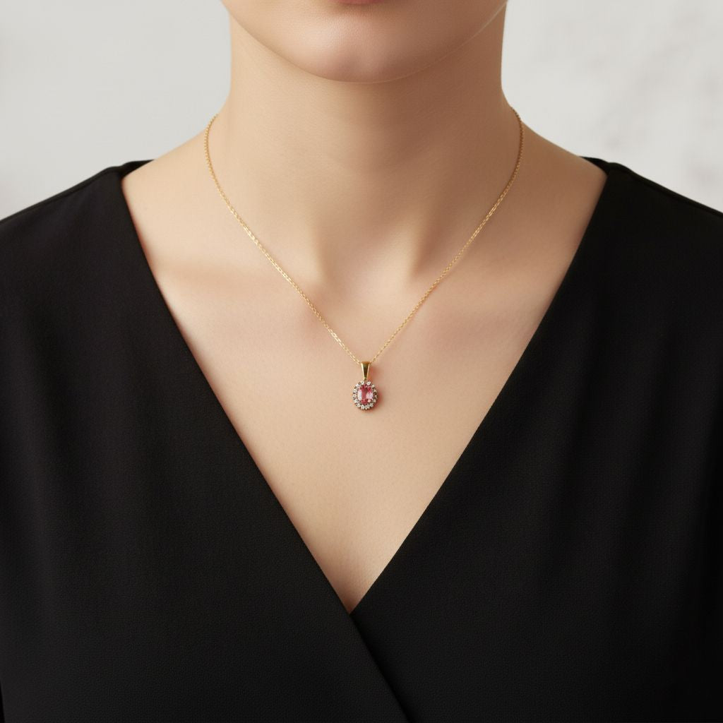 D'Joy Blush Turmalin, Weißer Zirkon Schmuckset ca. 50 cm 925 Silber 750 Gelbgold Vermeil ca. 1,02 ct.