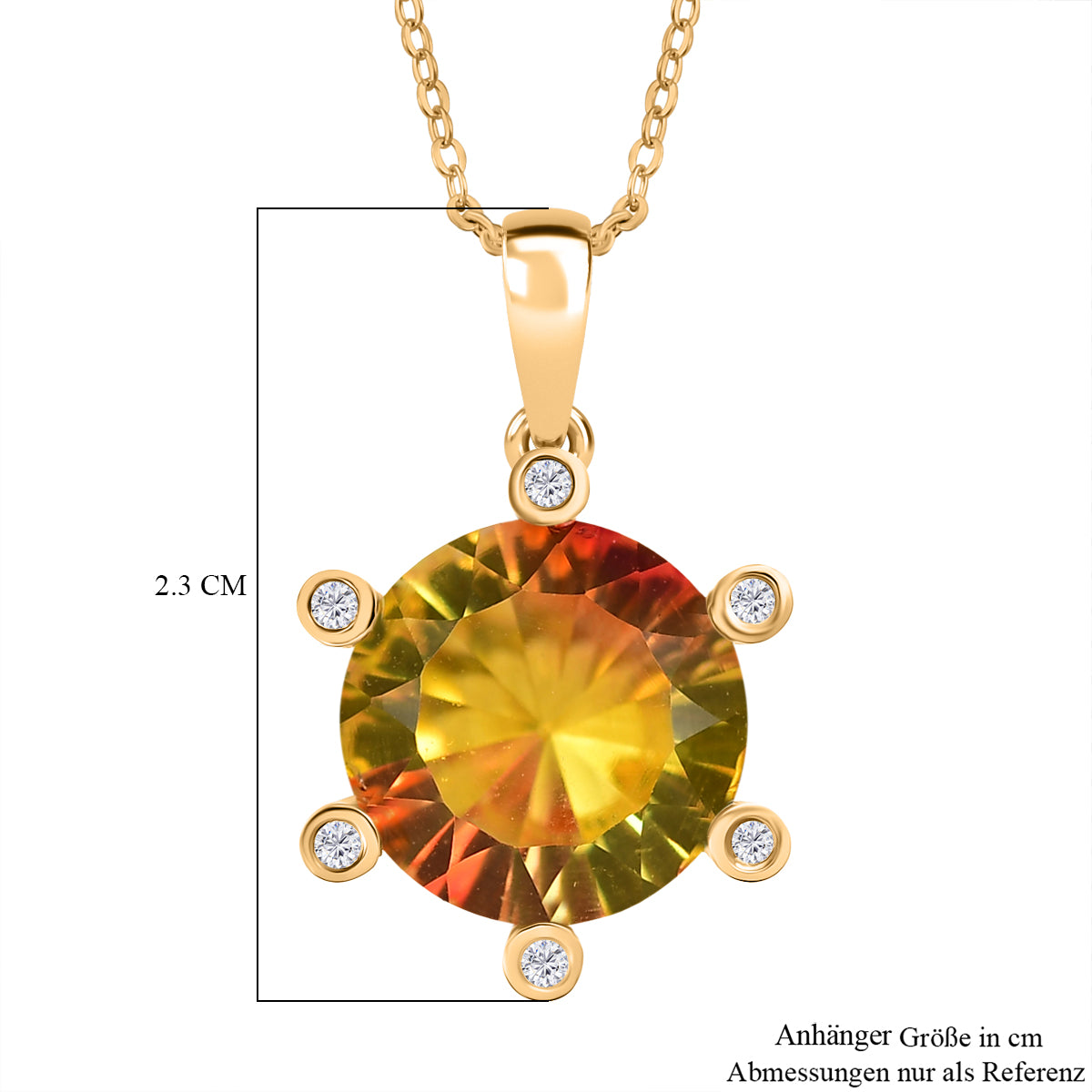 D'Joy - Sonnenfeuer-Design Sphaleros Quarz, Weißer Zirkon Anhänger mit Kette, ca. 50 cm 925 Silber 750 Gelbgold Vermeil ca. 5.48 ct