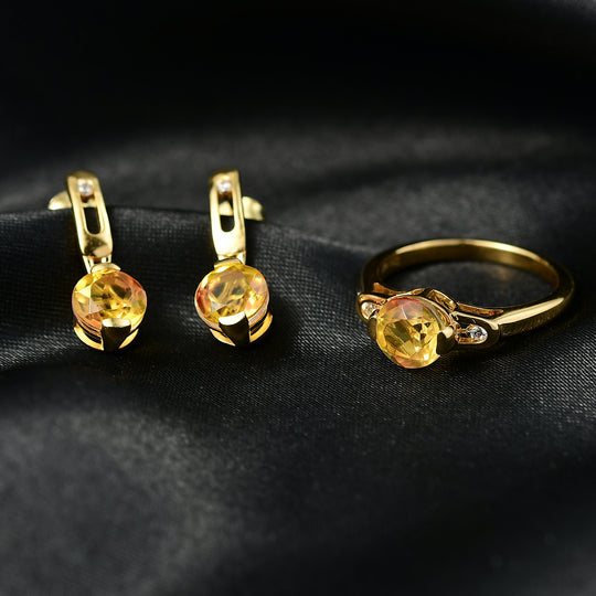 2er Set - D'Joy Sphaleros Quarz-Triplette, Weißer Zirkon Ring und Ohrringe, 925 Silber 750 Gelb Vergoldet (Größe 19.00) ca. 4.62 ct