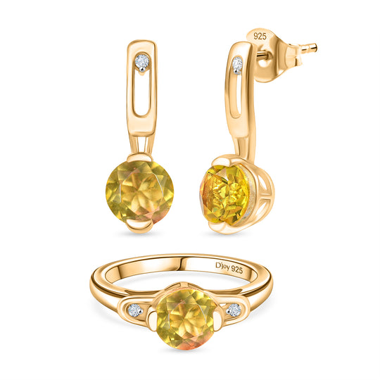 2er Set - D'Joy Sphaleros Quarz-Triplette, Weißer Zirkon Ring und Ohrringe, 925 Silber 750 Gelb Vergoldet (Größe 19.00) ca. 4.62 ct