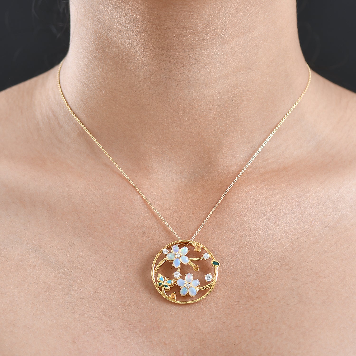 GP Italienische Garten Kollektion - AA Natürlicher, äthiopischer Welo Opal, Citrin, Kanchanaburi Blauer Saphir Schmuckset ca. 50 cm 925 Silber 750 Gelbgold Vermeil ca. 1.85 ct