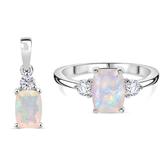 2er Set - D'Joy AA Natürlicher, äthiopischer Welo Opal Ring und Anhänger, 925 Silber rhodiniert (Größe 21.00) ca. 1.85 ct