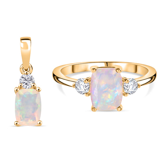 2er Set - D'Joy AA Natürlicher, äthiopischer Welo Opal Ring und Anhänger, 925 Silber rhodiniert (Größe 21.00) ca. 1.85 ct