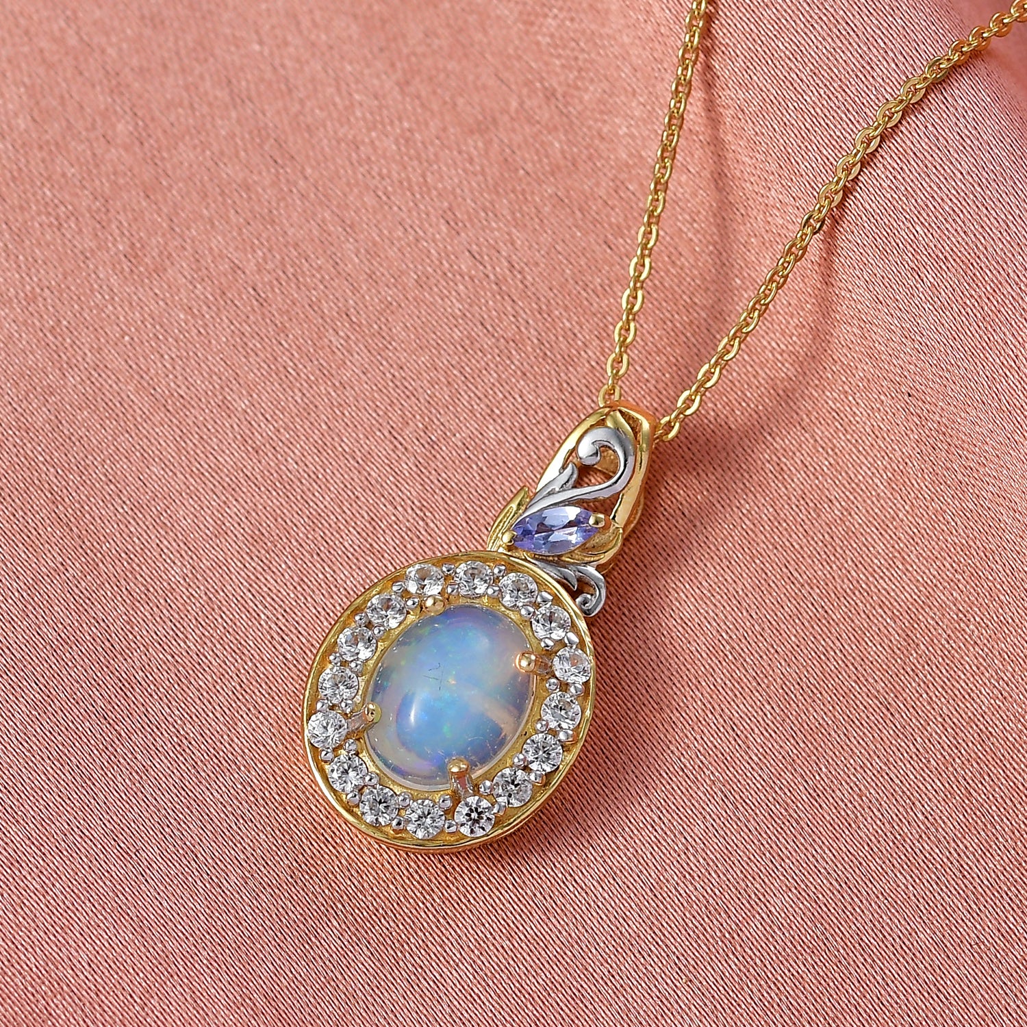 D'Joy Natürlicher, äthiopischer Welo Opal, Tansanit Schmuckset ca. 50 cm 925 Silber vergoldet ca. 2.17 ct