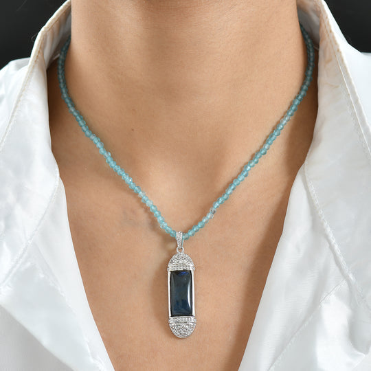 D'Joy AAA Labradorit Anhänger mit Apatit Kette, ca. 45 cm 925 Silber rhodiniert ca. 46.98 ct