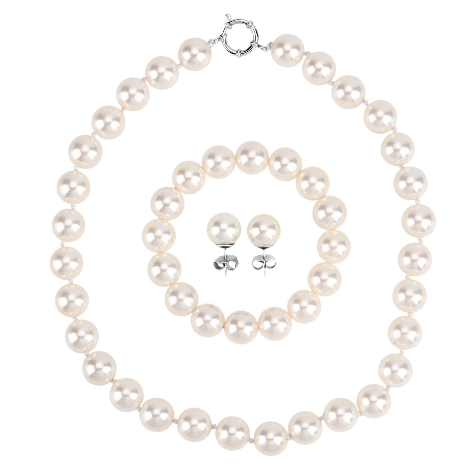3er Set - Weiße Muschelkernperle (13-15 mm) Halskette ca. 50 cm, Armband-verstellbar, und Ohrringe Schmuckset, 316L Edelstahl