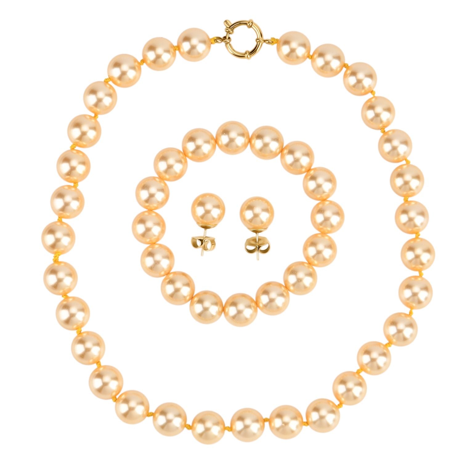3er Set - Goldene Muschelkernperle (13-15 mm) Halskette ca. 50 cm, Armband-verstellbar, und Ohrringe Schmuckset, 316L Edelstahl