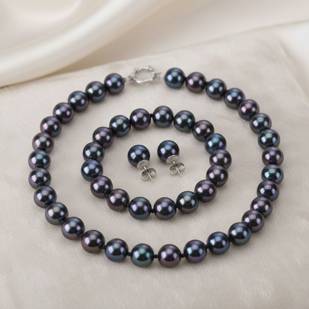3er Set - Pfaufarbene Muschelkernperle (13-15 mm) Halskette ca. 50 cm, Armband-verstellbar, und Ohrringe Schmuckset, 316L Edelstahl