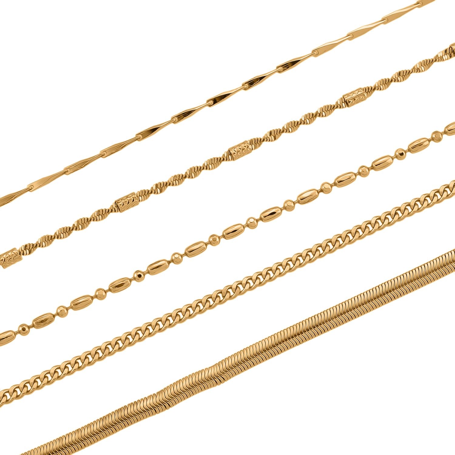 5er-Set Halsketten, ca. 45 cm + 5 cm Extender, Nickelfreies Messing Goldfarben