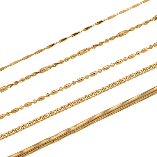 5er-Set Halsketten, ca. 45 cm + 5 cm Extender, Nickelfreies Messing Goldfarben