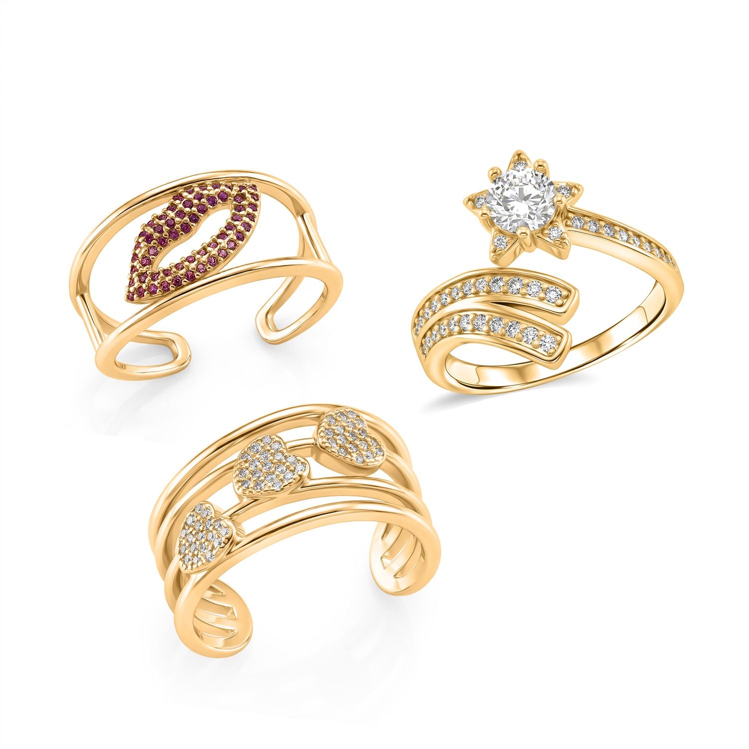 3er Set -Weißer Zirkonia Cuff-Ringe, vergoldet, Nickelfreies Messing (Größe 17.00)