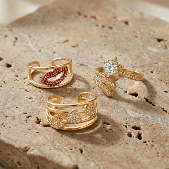 3er Set -Weißer Zirkonia Cuff-Ringe, vergoldet, Nickelfreies Messing (Größe 19.00)
