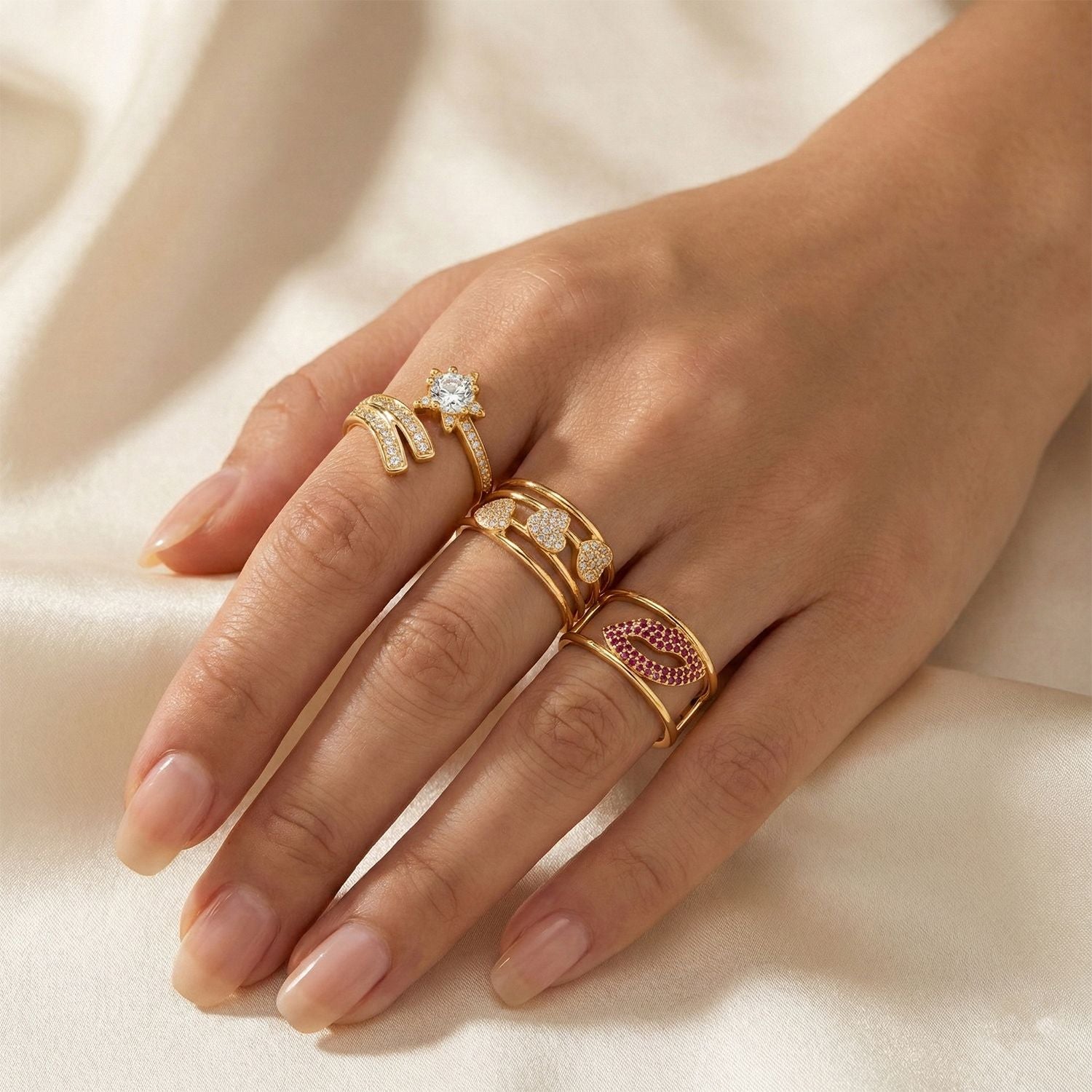 3er Set -Weißer Zirkonia Cuff-Ringe, vergoldet, Nickelfreies Messing (Größe 20.00)
