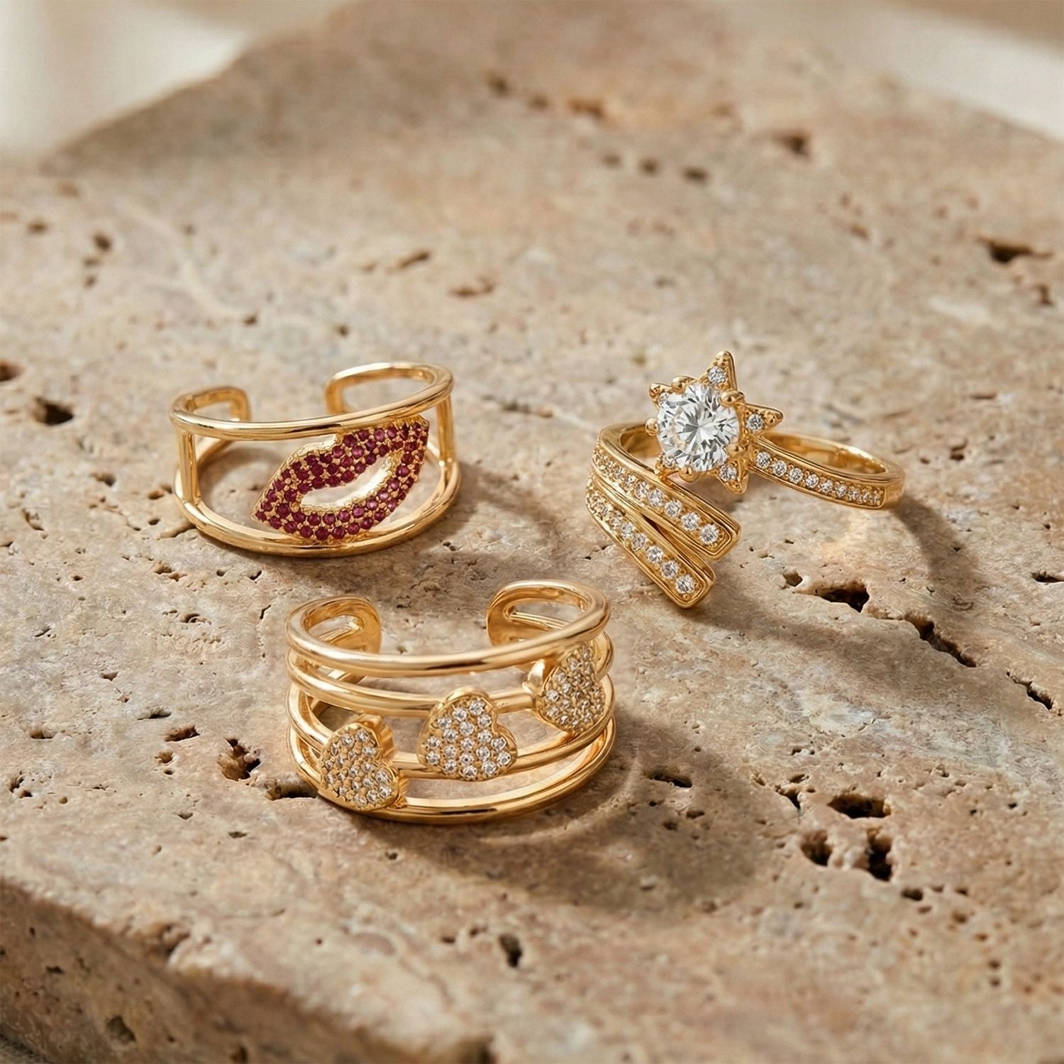 3er Set -Weißer Zirkonia Cuff-Ringe, vergoldet, Nickelfreies Messing (Größe 21.00)