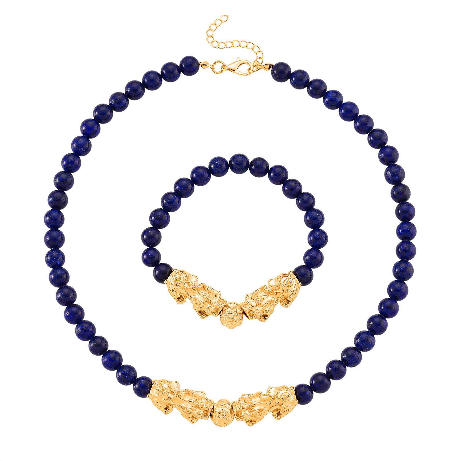 2er Set - Lapislazuli Halskette und Armband Legierung  gelb vergoldet ca. 430.00 ct