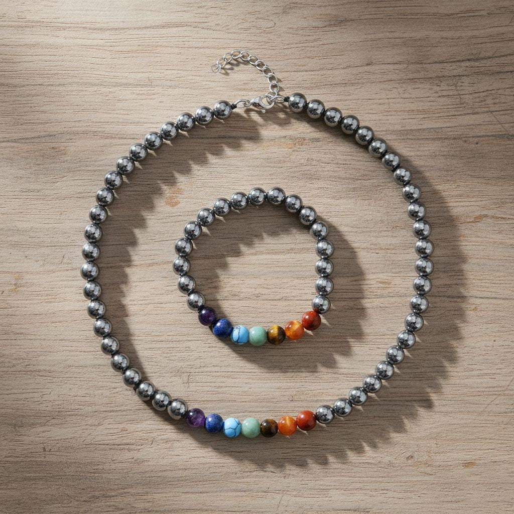 2er Set - Terahertz, Mehrfarbige Edelsteine Halskette und Armband, flexibel, 316L Edelstahl ca. 280.00 ct