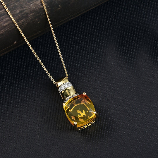 D'Joy - Feuerlinien-Design Sphaleros Quarz-Triplette, Weißer Zirkon Anhänger mit Kette, ca. 45 cm 925 Silber Gelbgold Vermeil ca. 8.94 ct