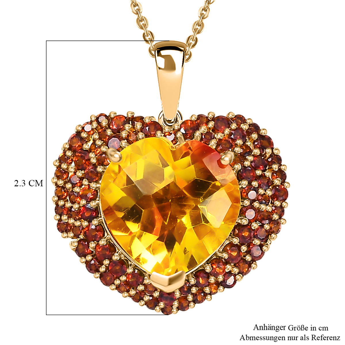 D'Joy - Sonnenfeuer-Herz-Design Sphaleros Quarz-Triplette, Mosambik Granat Anhänger mit Kette, ca. 50 cm 925 Silber 750 Gelbgold Vermeil ca. 7.98 ct
